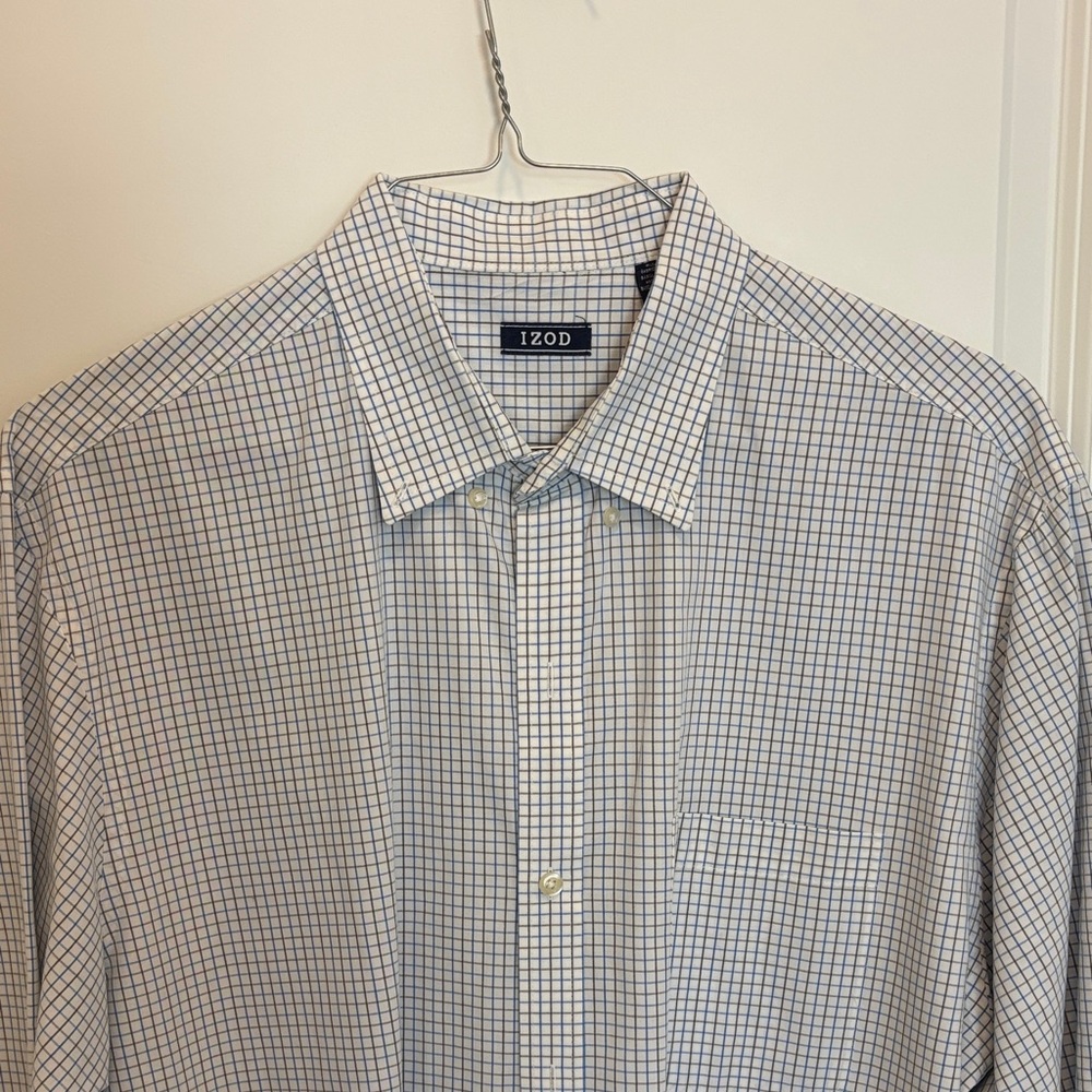 IZOD Men's White and Blue Plaid Dress Shirt